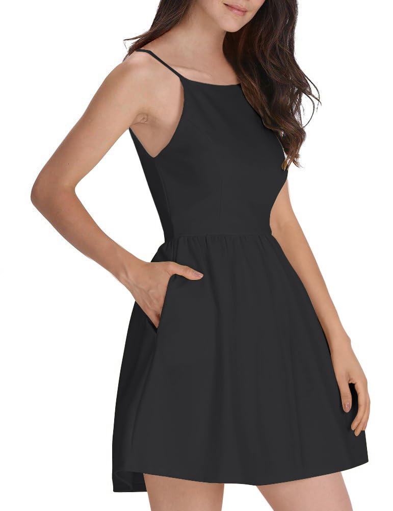 FANCYINN Women's Black Short Dress Spaghetti Strap Backless Mini Skater Black Dresses S - Image 1